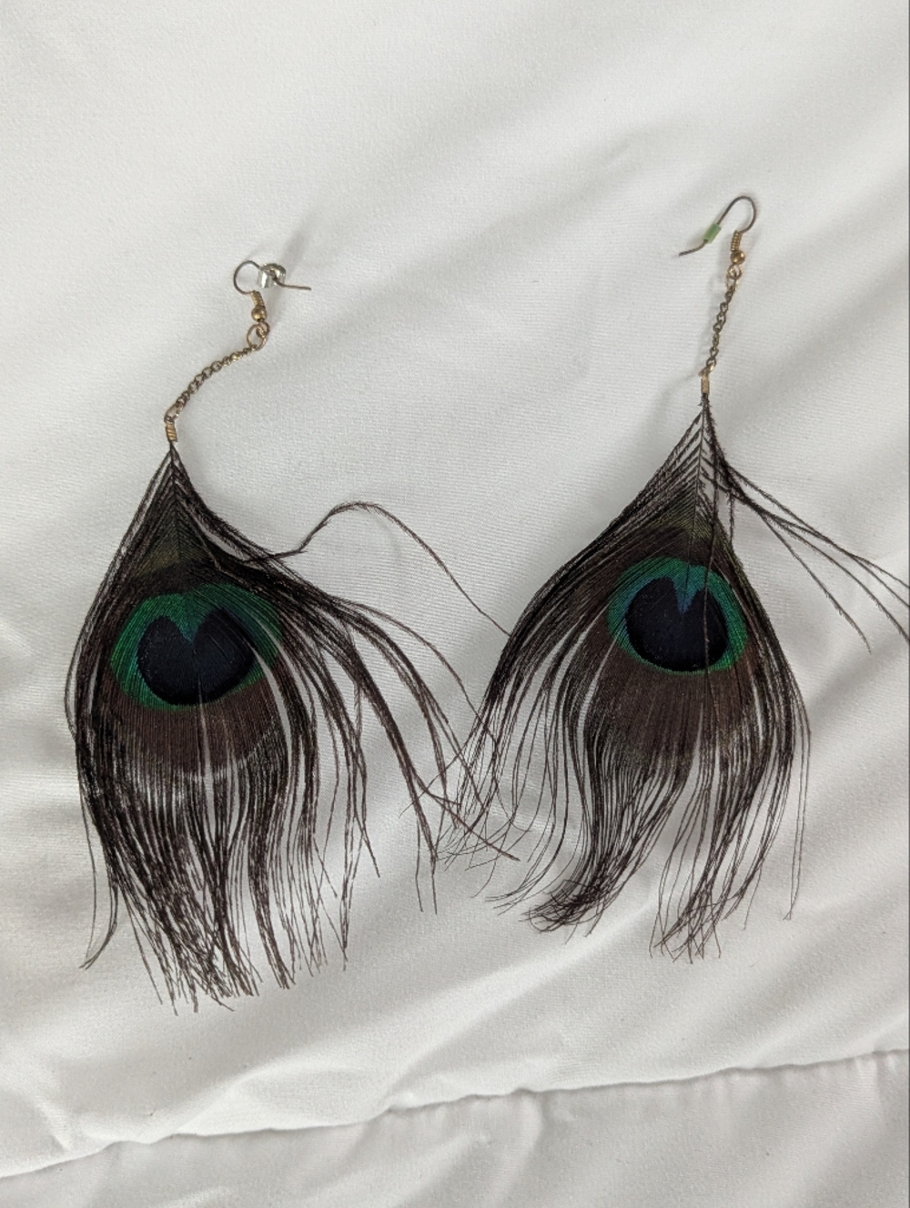 Peacock Feather Drop Earrings – Green and Brown